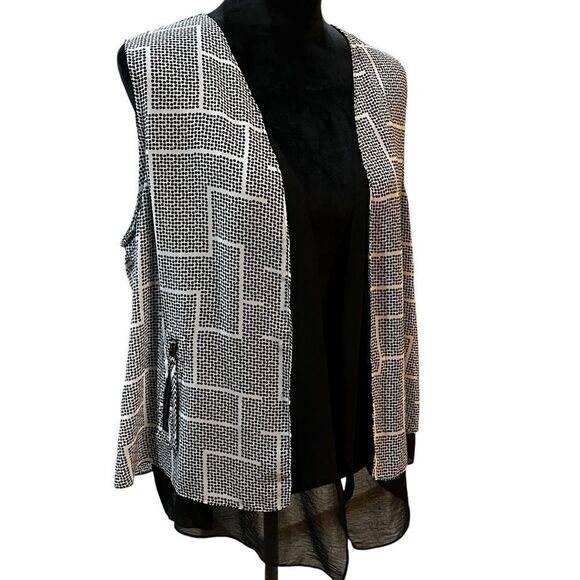 Chico's Women's Black White Dot Layered Chiffon Open Vest Sz 2 Chico’s = Large - Picture 1 of 10